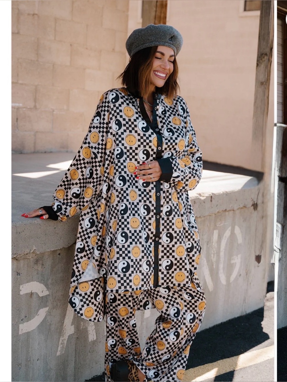 Dressed in LALA Black, White & Yellow Smiley Yin-Yang Checkerboard Pantsuit